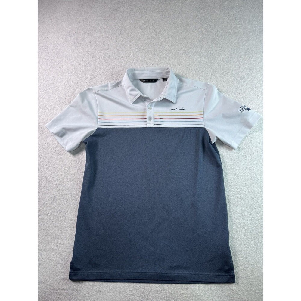 TravisMathew Men's Polo Shirt Small S Gray Blue Striped Golf Performance